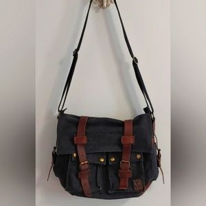 Vintage Canvas Shoulder Bag Distressed Gray And Leather